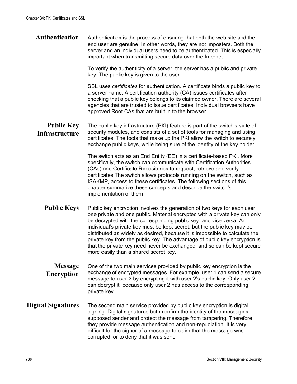 Authentication, Public key infrastructure, Public keys | Message encryption, Digital signatures | Allied Telesis AT-S63 User Manual | Page 788 / 902