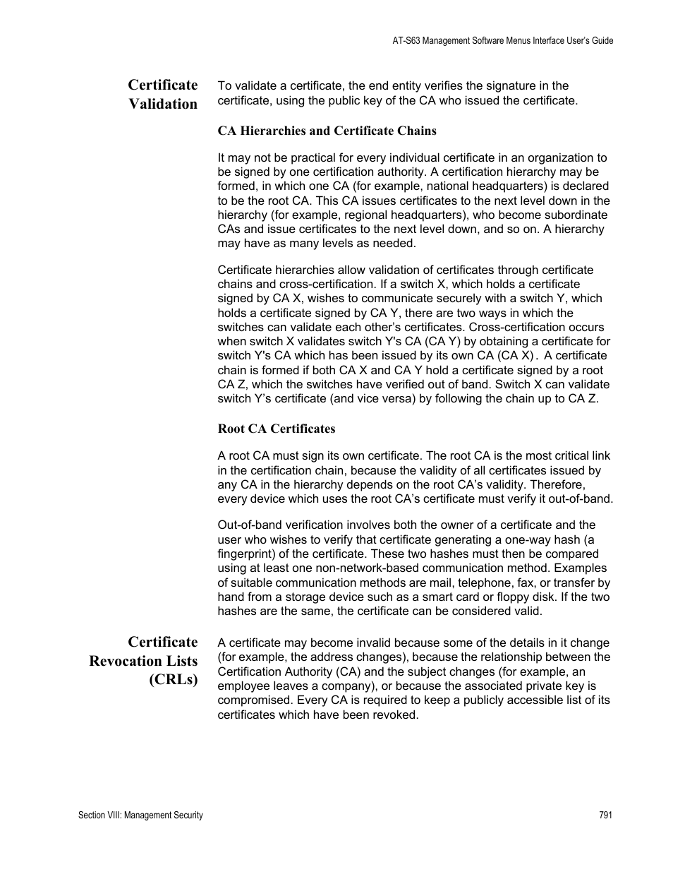 Certificate validation, Certificate revocation lists (crls) | Allied Telesis AT-S63 User Manual | Page 791 / 902