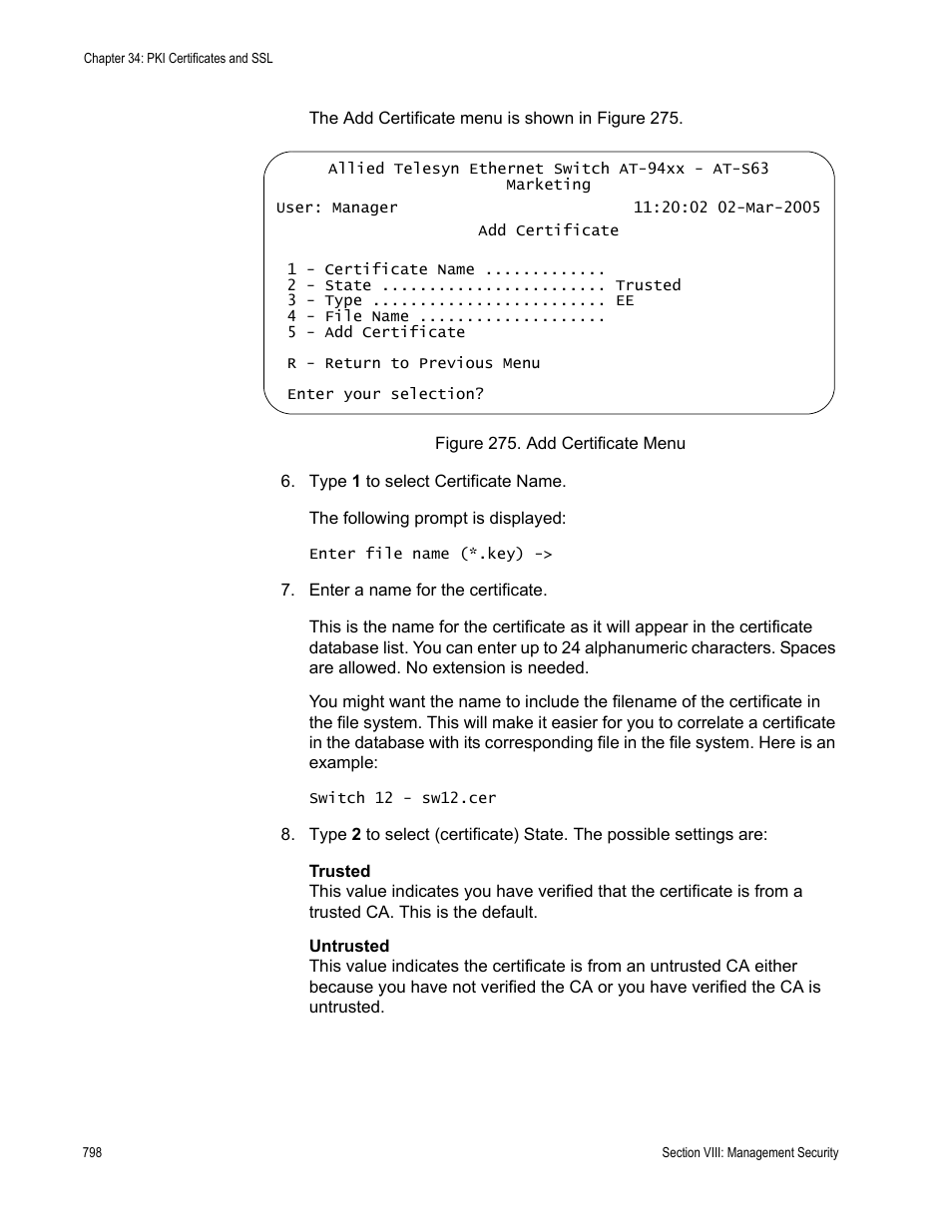 Figure 275: add certificate menu | Allied Telesis AT-S63 User Manual | Page 798 / 902