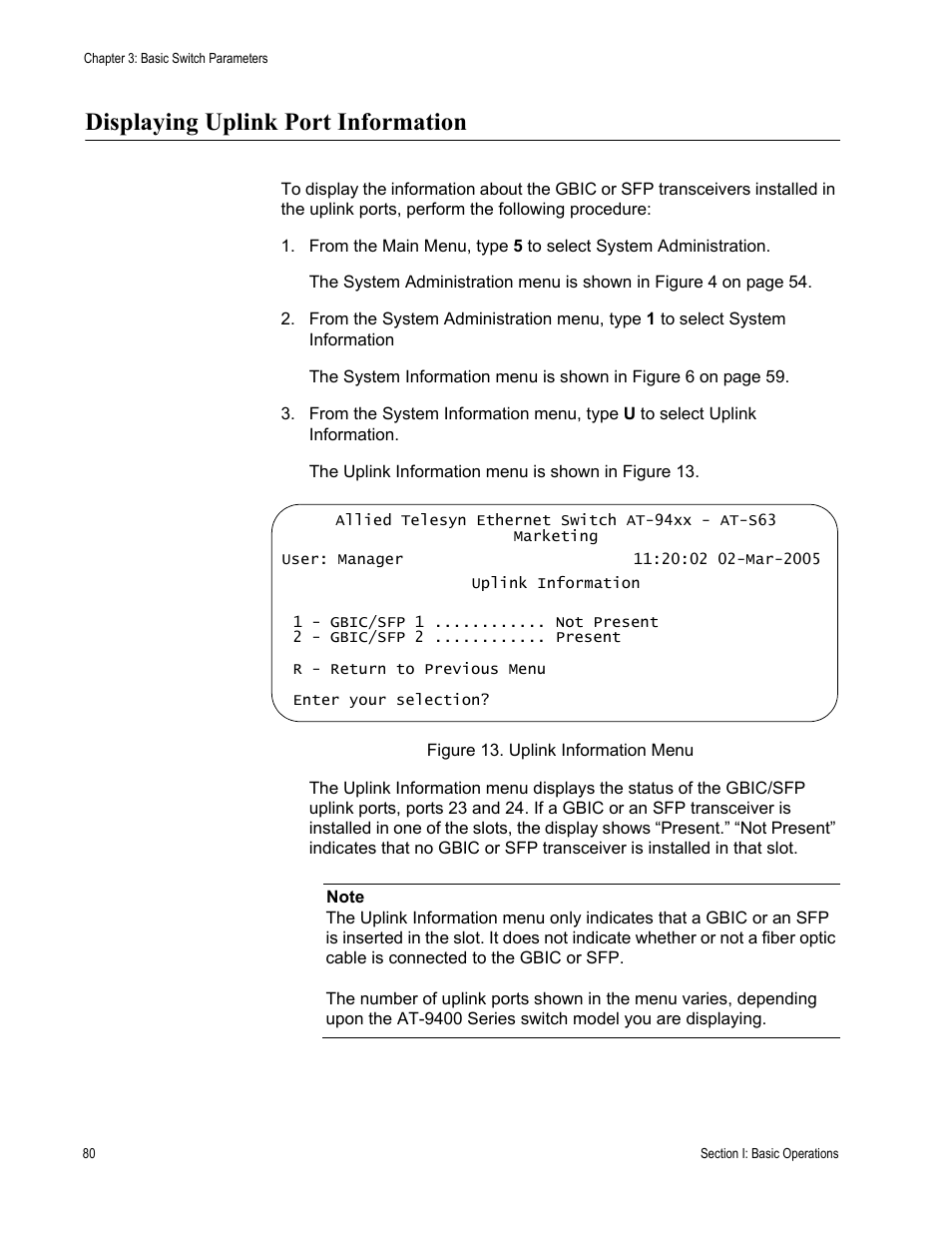 Displaying uplink port information, Figure 13: uplink information menu | Allied Telesis AT-S63 User Manual | Page 80 / 902