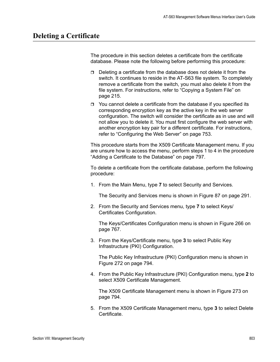 Deleting a certificate | Allied Telesis AT-S63 User Manual | Page 803 / 902