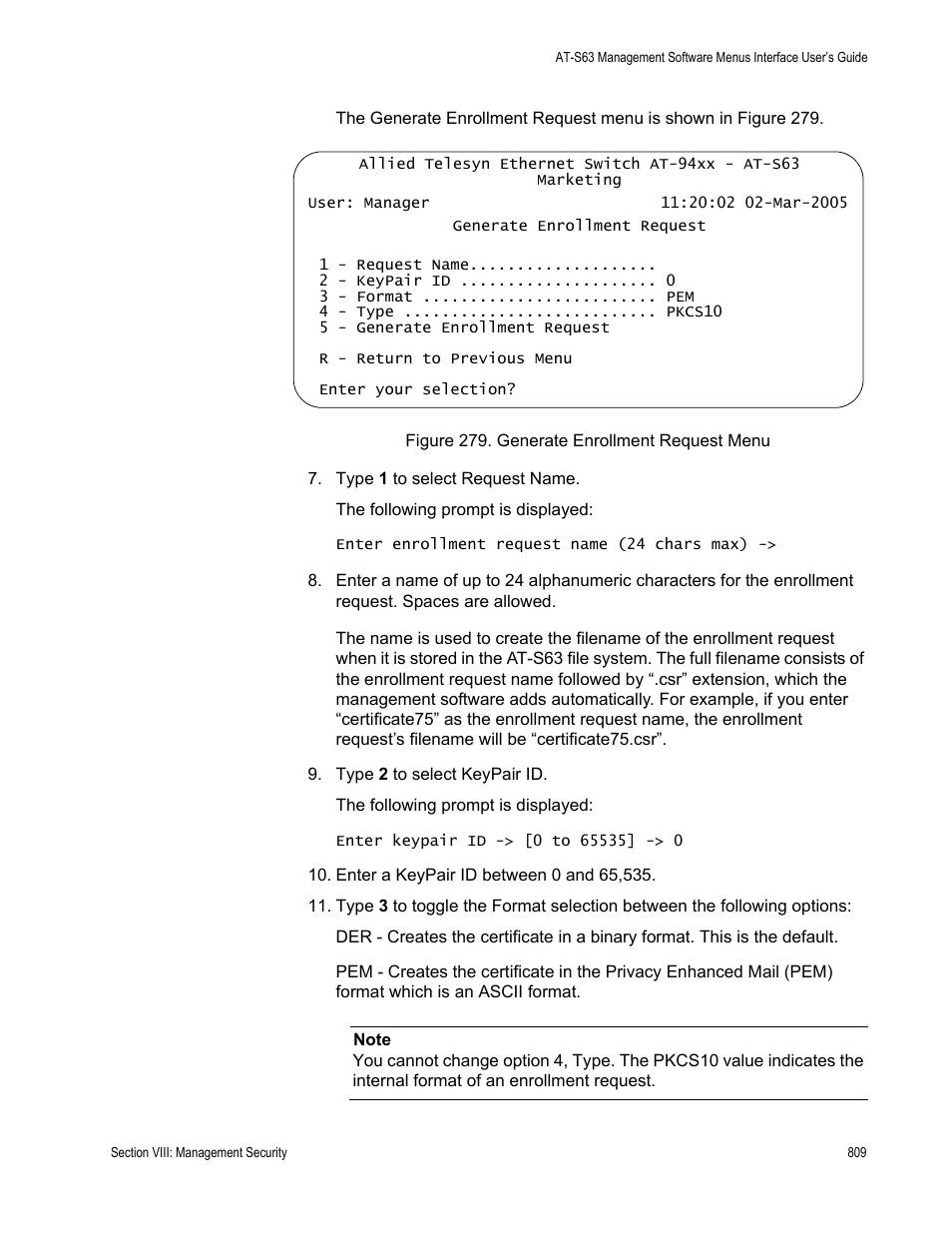 Figure 279: generate enrollment request menu | Allied Telesis AT-S63 User Manual | Page 809 / 902