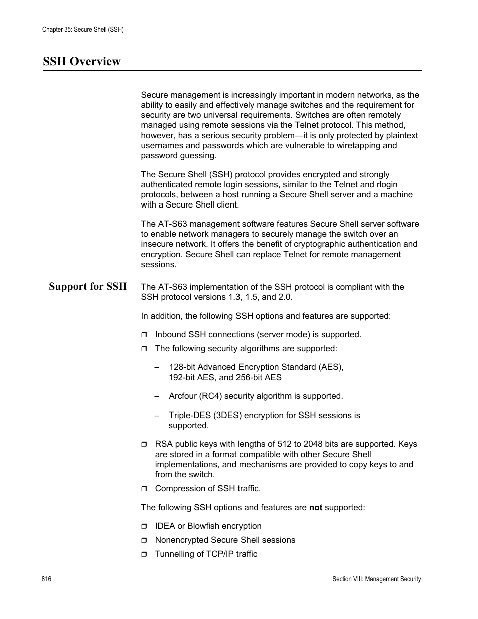 Ssh overview, Support for ssh | Allied Telesis AT-S63 User Manual | Page 816 / 902