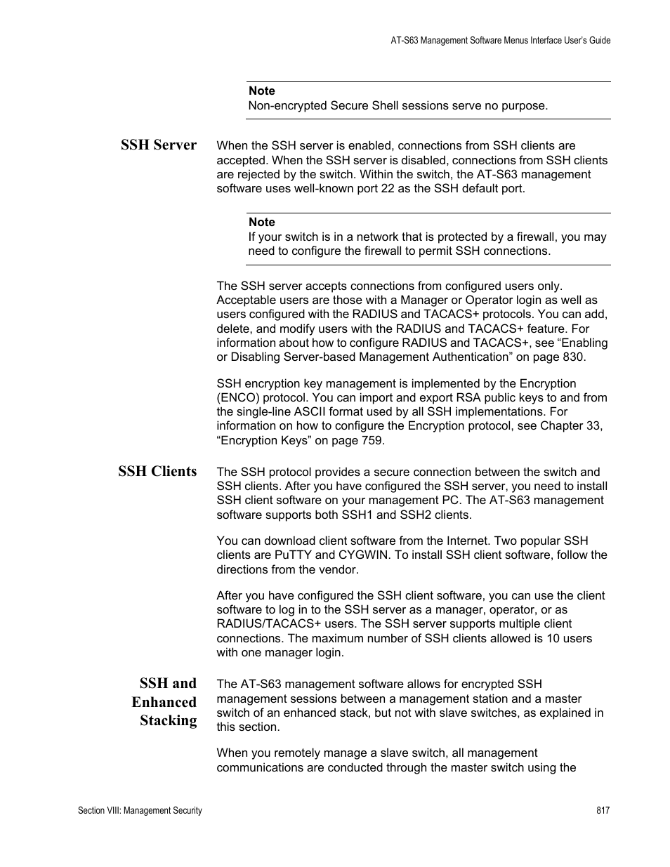 Ssh server, Ssh clients, Ssh and enhanced stacking | Ssh server ssh clients ssh and enhanced stacking | Allied Telesis AT-S63 User Manual | Page 817 / 902