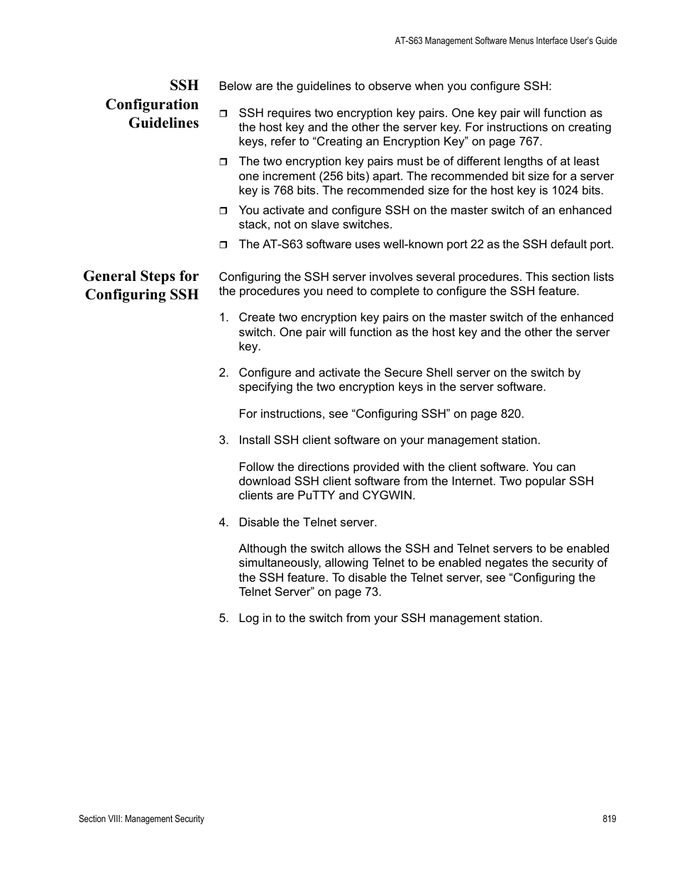 Ssh configuration guidelines, General steps for configuring ssh | Allied Telesis AT-S63 User Manual | Page 819 / 902