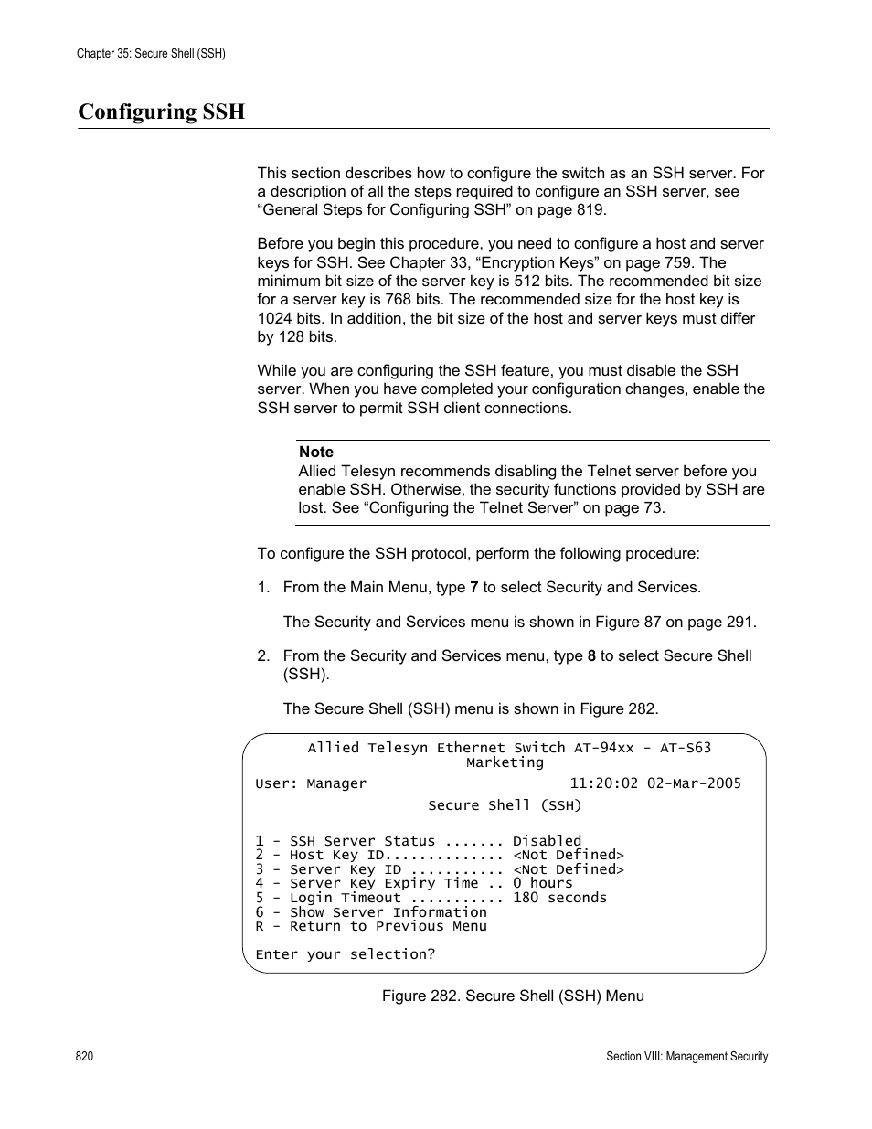 Configuring ssh, Figure 282: secure shell (ssh) menu | Allied Telesis AT-S63 User Manual | Page 820 / 902