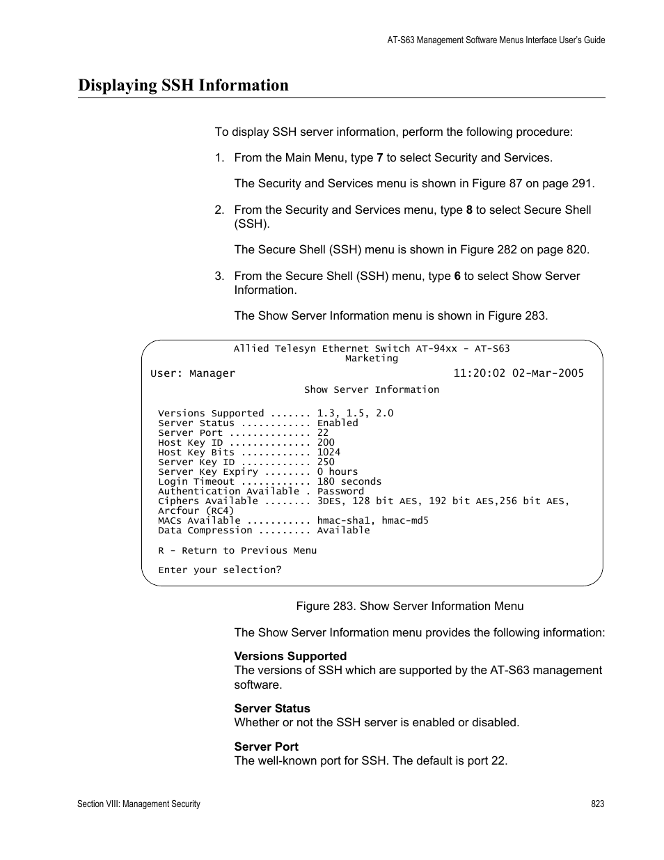 Displaying ssh information, Show server information menu | Allied Telesis AT-S63 User Manual | Page 823 / 902