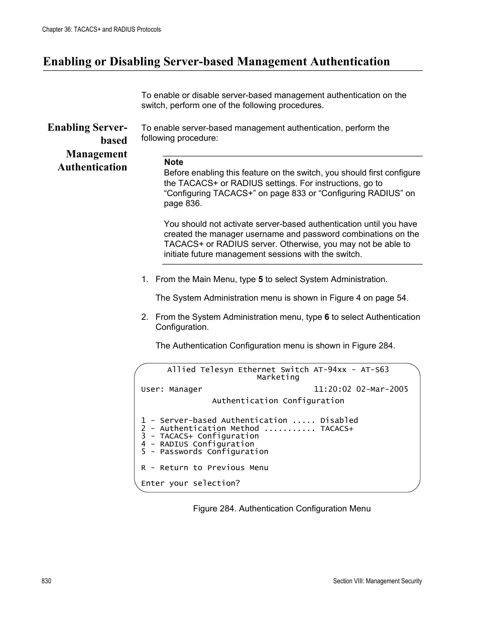 Enabling server- based management authentication, Enabling server-based management authentication, Figure 284: authentication configuration menu | Allied Telesis AT-S63 User Manual | Page 830 / 902