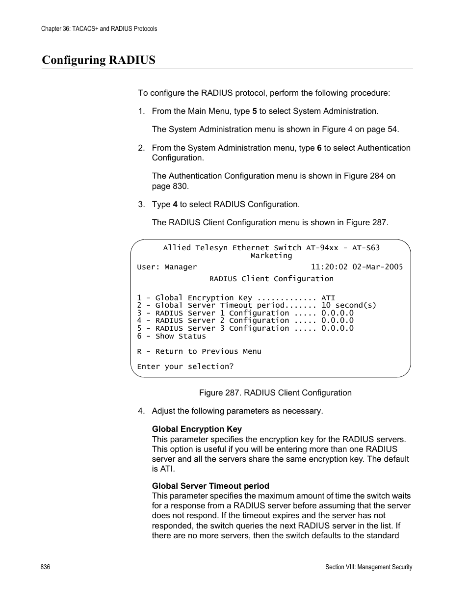 Configuring radius, Figure 287: radius client configuration | Allied Telesis AT-S63 User Manual | Page 836 / 902