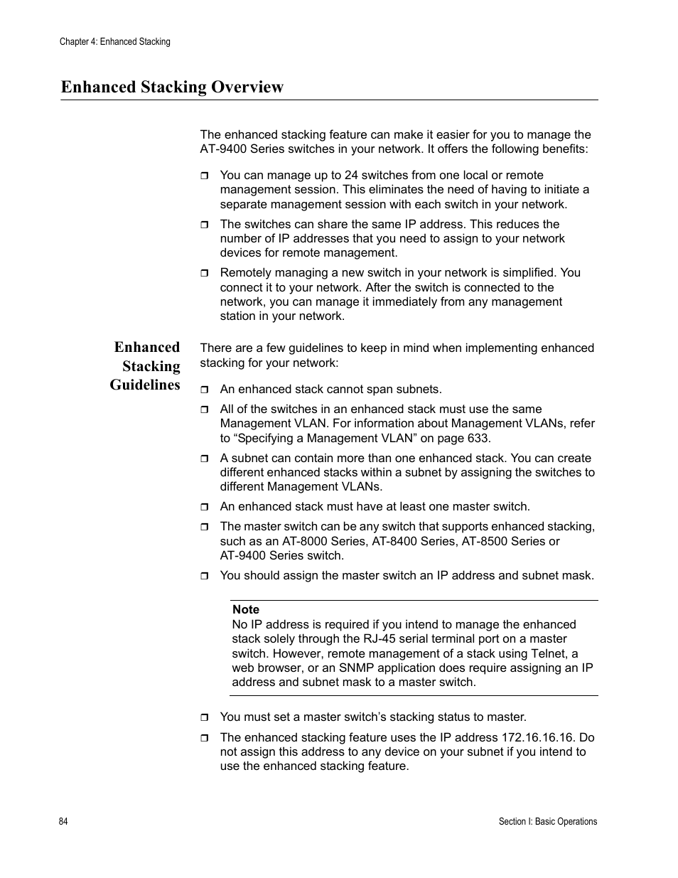 Enhanced stacking overview, Enhanced stacking guidelines | Allied Telesis AT-S63 User Manual | Page 84 / 902