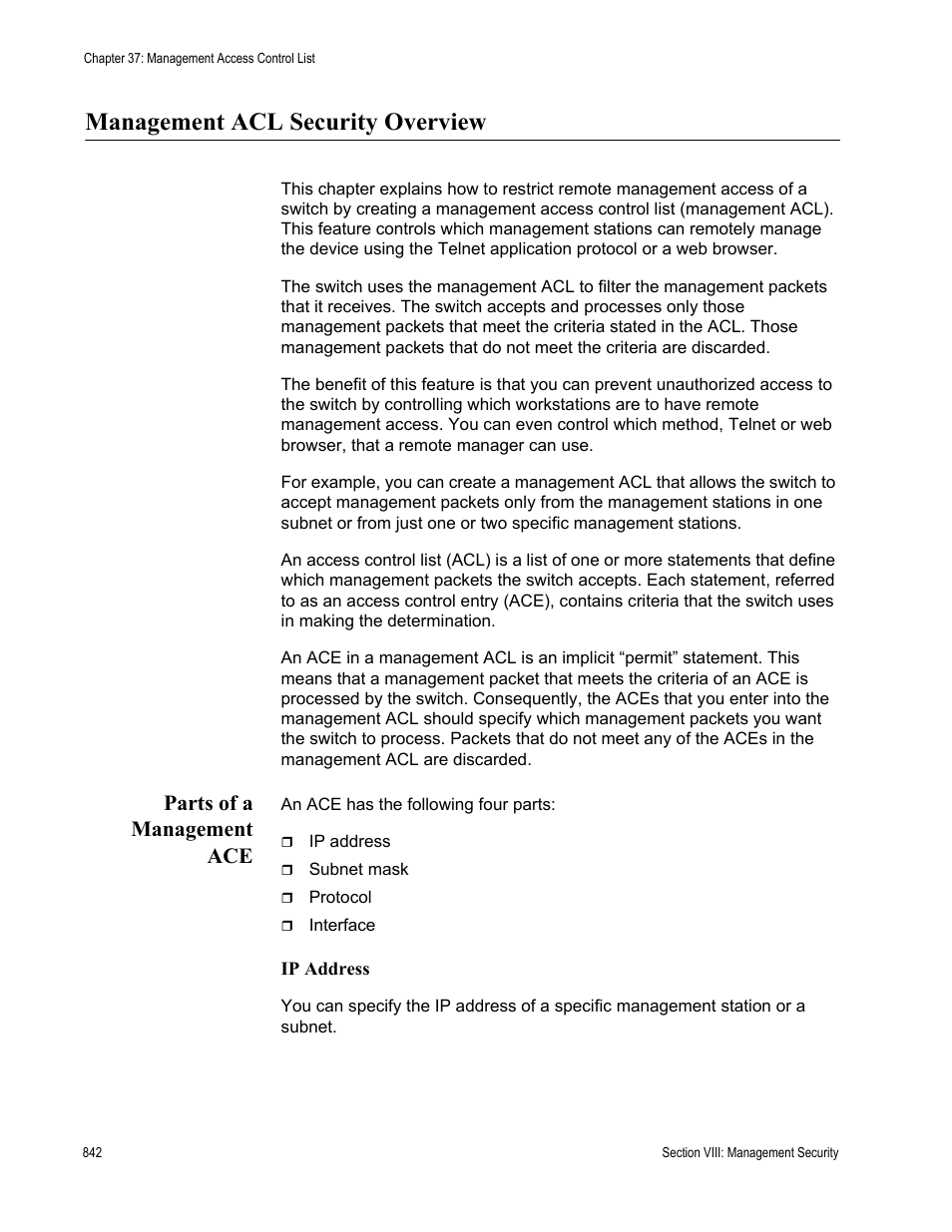 Management acl security overview, Parts of a management ace | Allied Telesis AT-S63 User Manual | Page 842 / 902