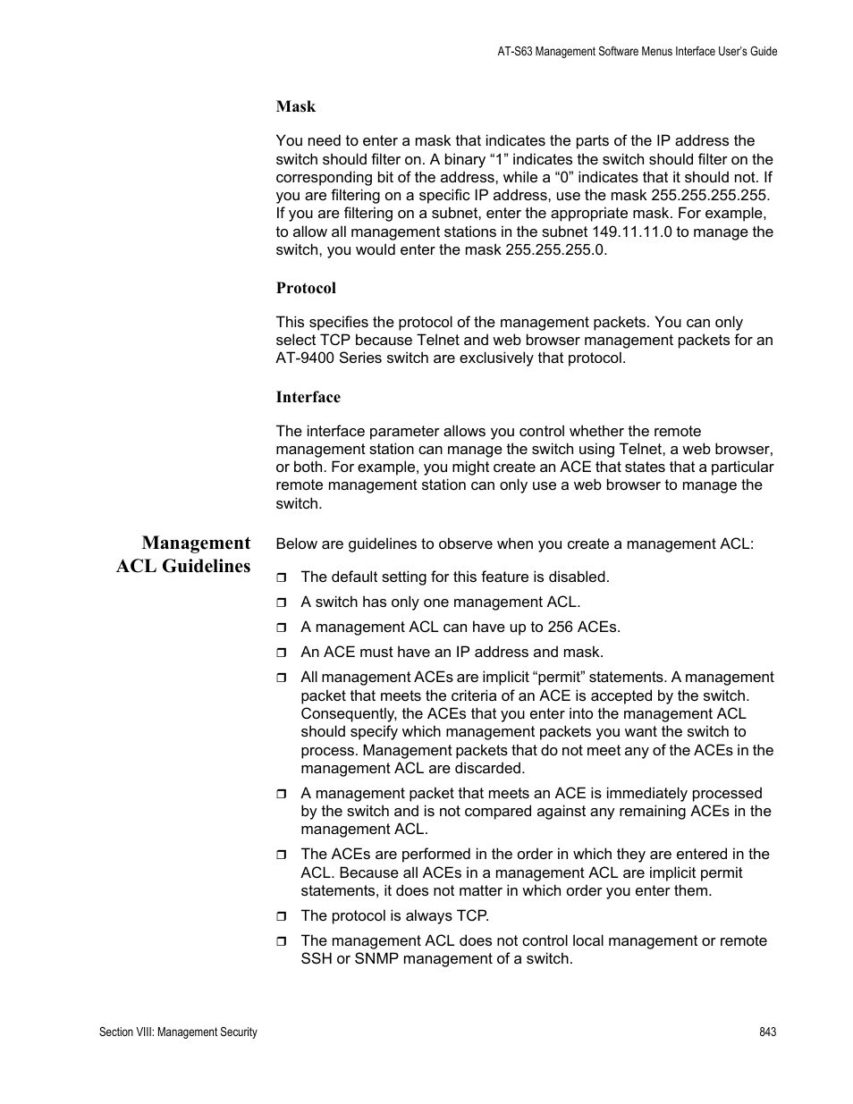 Management acl guidelines | Allied Telesis AT-S63 User Manual | Page 843 / 902