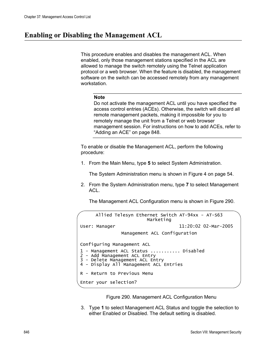 Enabling or disabling the management acl, Figure 290: management acl configuration menu | Allied Telesis AT-S63 User Manual | Page 846 / 902