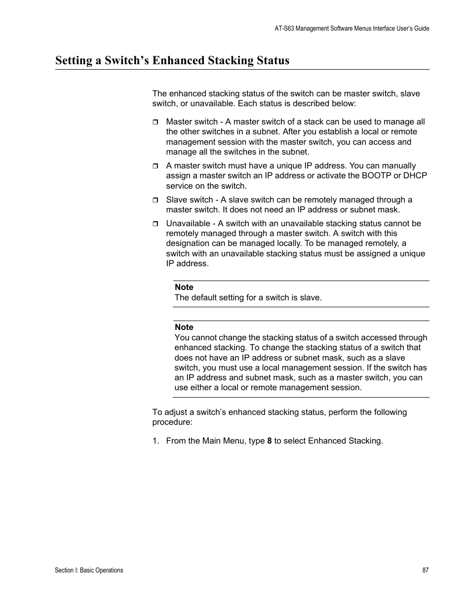 Setting a switch’s enhanced stacking status | Allied Telesis AT-S63 User Manual | Page 87 / 902