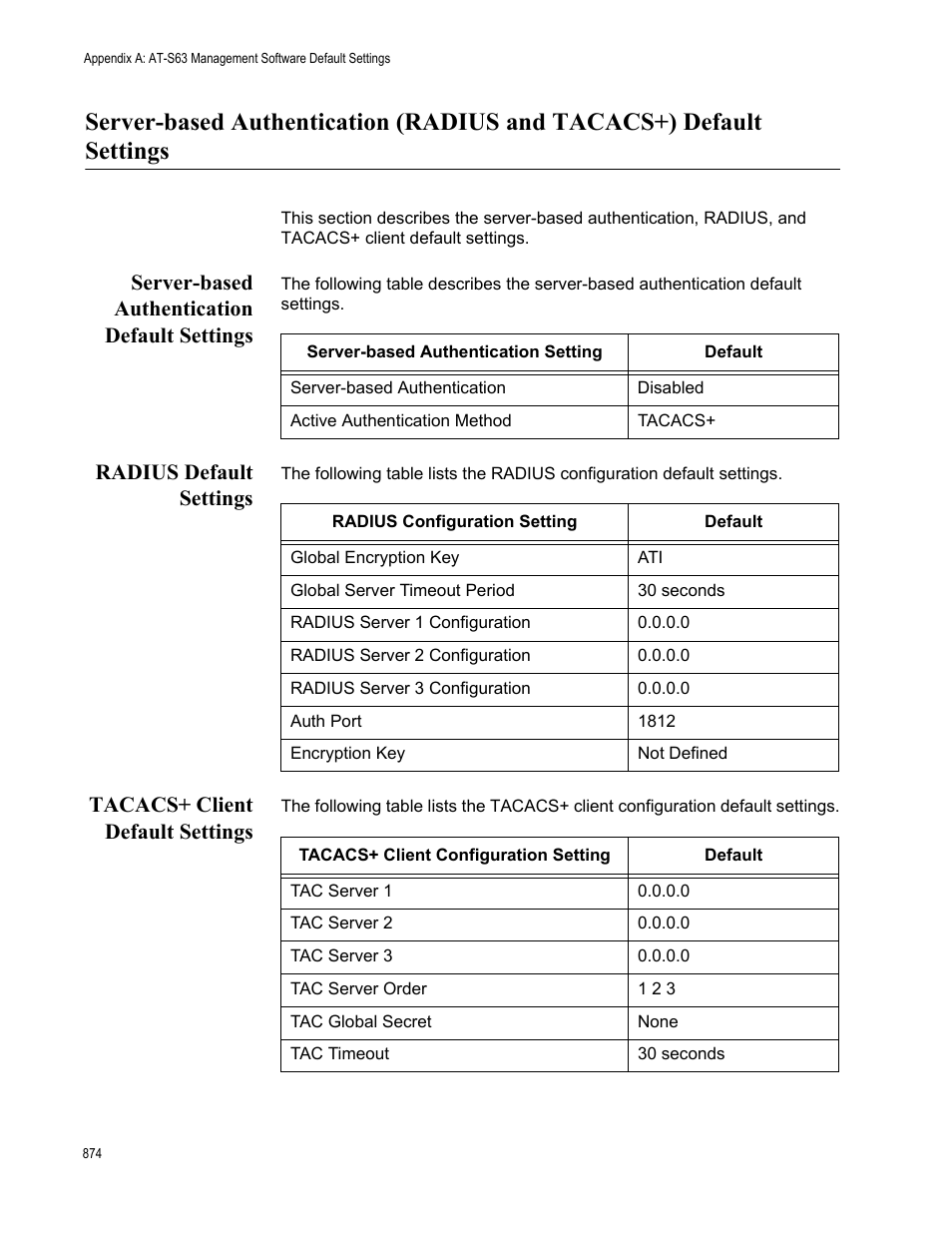 Server-based authentication default settings, Radius default settings, Tacacs+ client default settings | Allied Telesis AT-S63 User Manual | Page 874 / 902