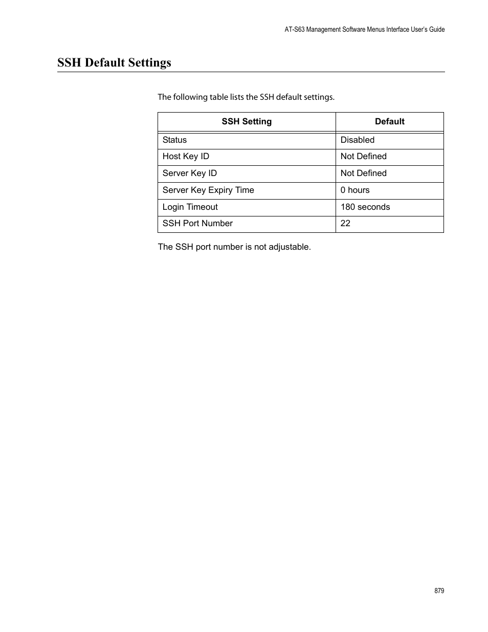 Ssh default settings | Allied Telesis AT-S63 User Manual | Page 879 / 902