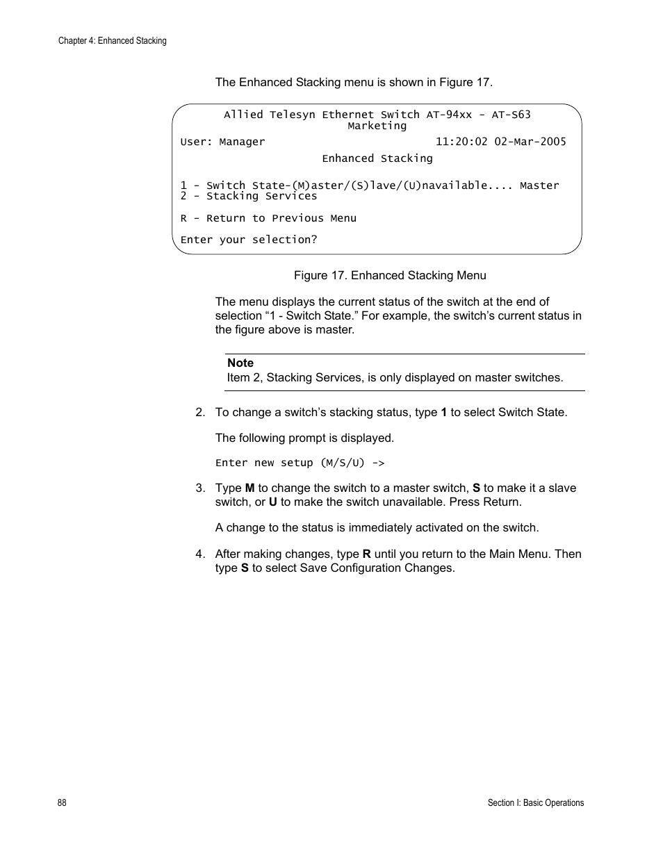 Figure 17: enhanced stacking menu | Allied Telesis AT-S63 User Manual | Page 88 / 902