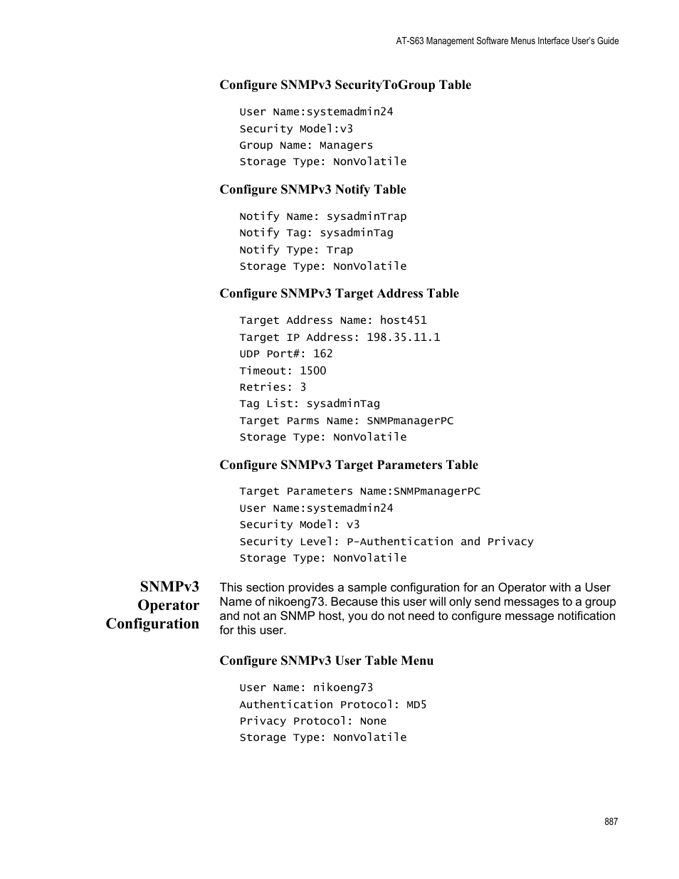 Snmpv3 operator configuration | Allied Telesis AT-S63 User Manual | Page 887 / 902