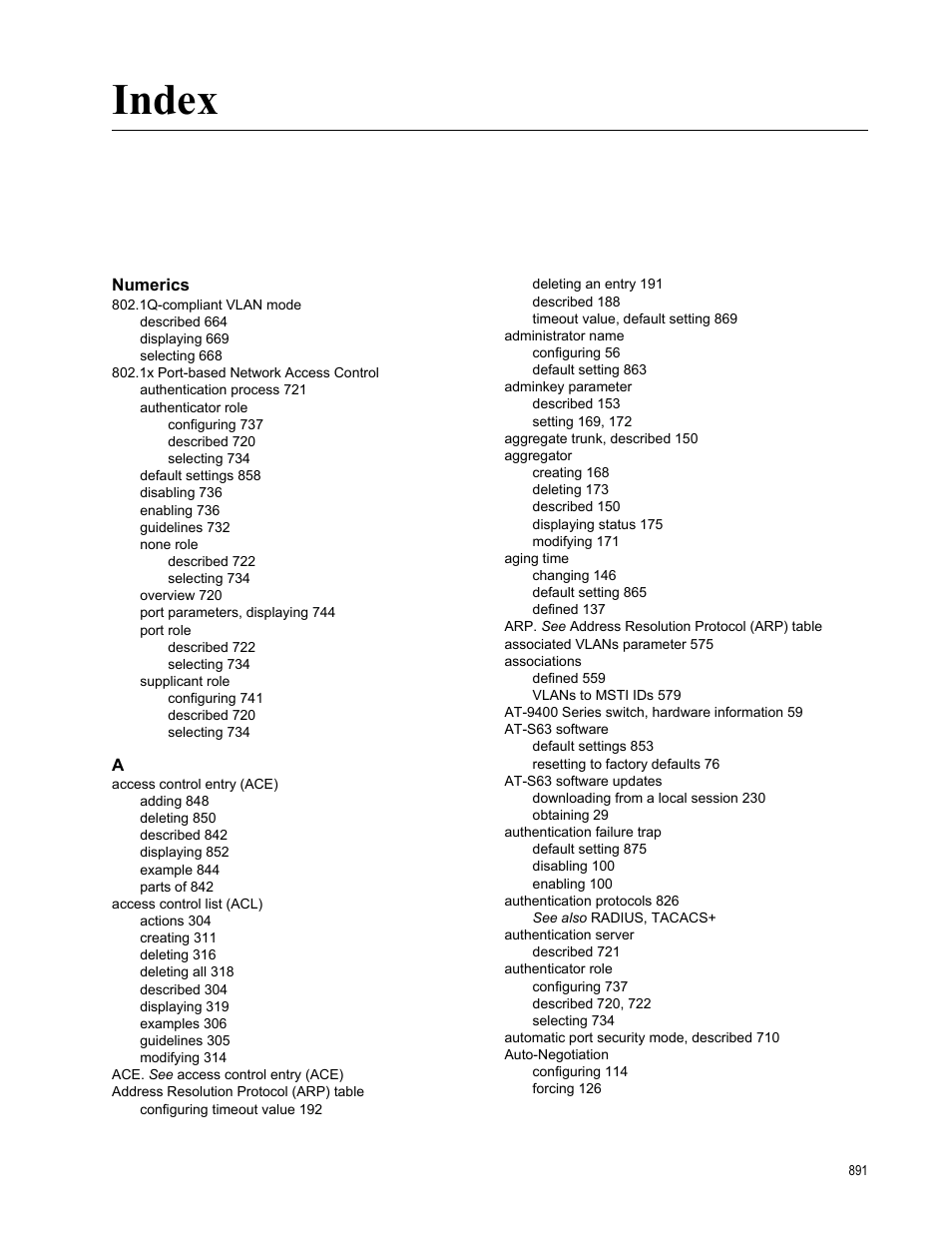 Index, Numerics | Allied Telesis AT-S63 User Manual | Page 891 / 902