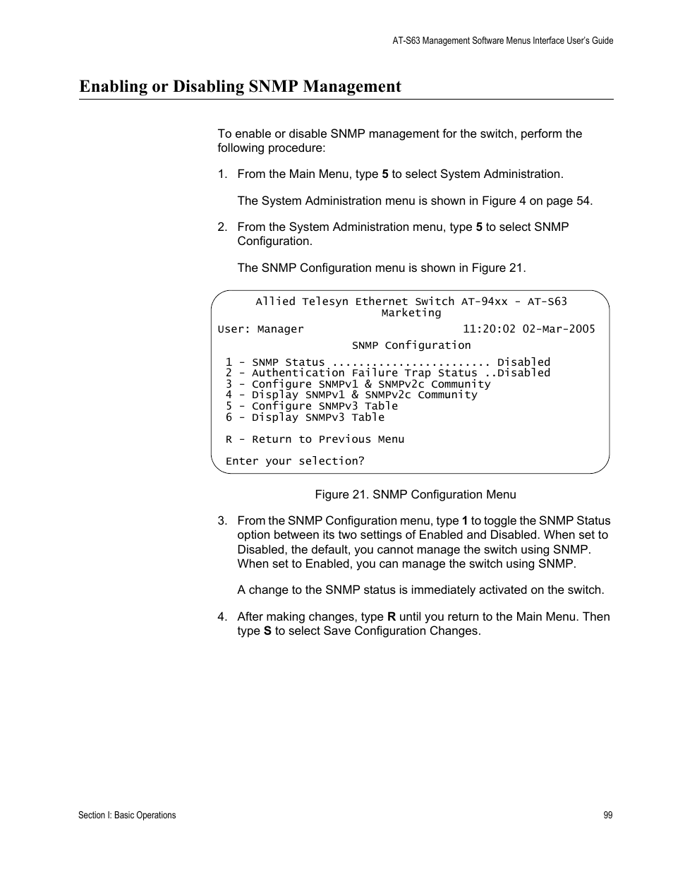 Enabling or disabling snmp management, Figure 21: snmp configuration menu | Allied Telesis AT-S63 User Manual | Page 99 / 902