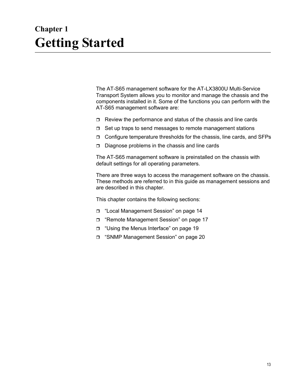 Chapter 1, Getting started, R 1: getting started | Allied Telesis AT-S65 User Manual | Page 13 / 98