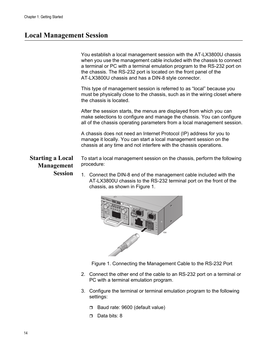 Local management session, Starting a local management session, Baud rate: 9600 (default value) | Data bits: 8, Chapter 1: getting started 14 | Allied Telesis AT-S65 User Manual | Page 14 / 98