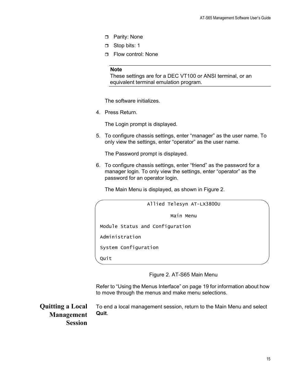 Quitting a local management session | Allied Telesis AT-S65 User Manual | Page 15 / 98