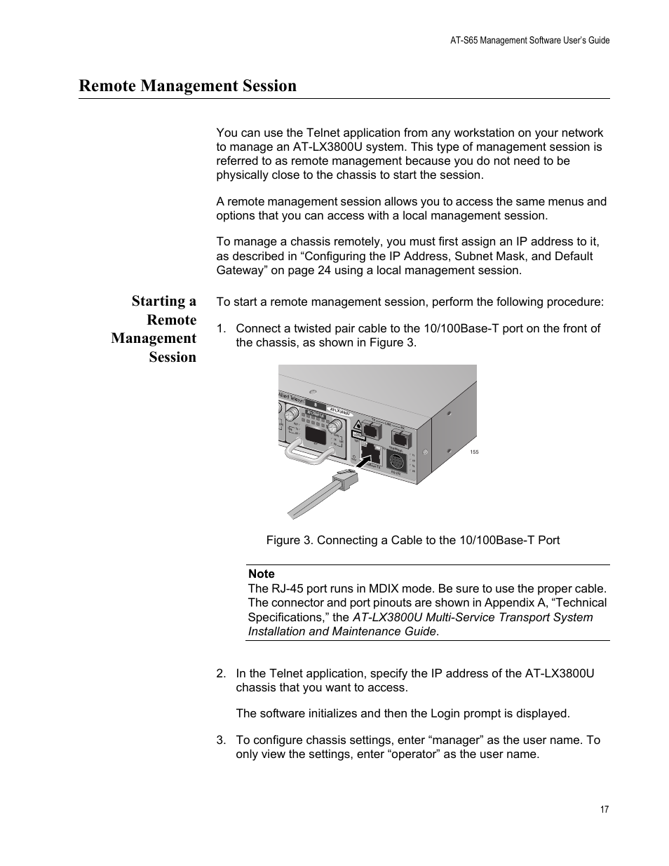 Remote management session, Starting a remote management session, At-s65 management software user’s guide 17 | Allied Telesis AT-S65 User Manual | Page 17 / 98