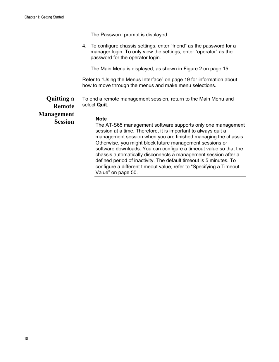 Quitting a remote management session | Allied Telesis AT-S65 User Manual | Page 18 / 98