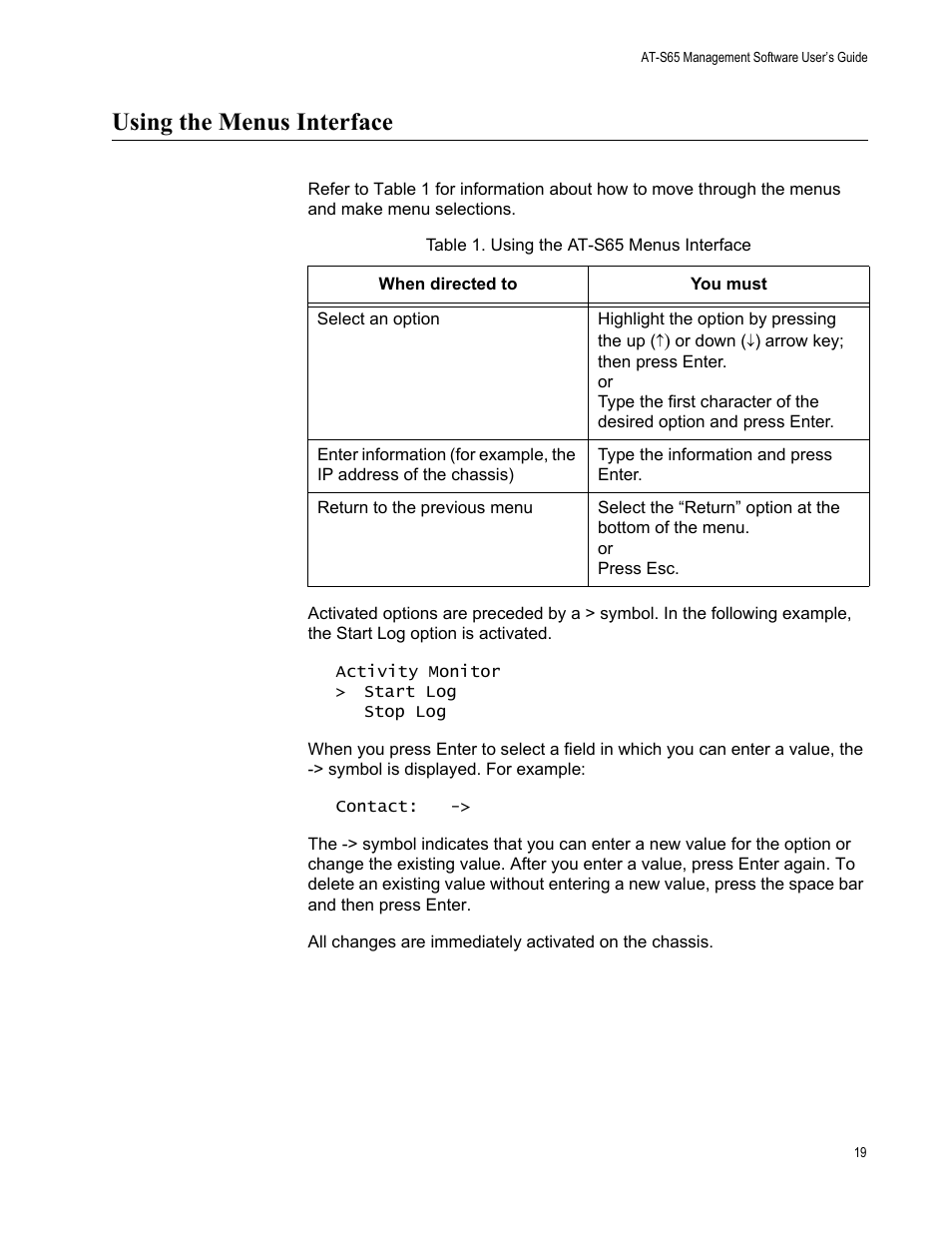 Using the menus interface | Allied Telesis AT-S65 User Manual | Page 19 / 98
