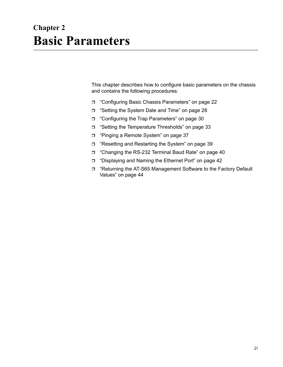 Chapter 2, Basic parameters | Allied Telesis AT-S65 User Manual | Page 21 / 98