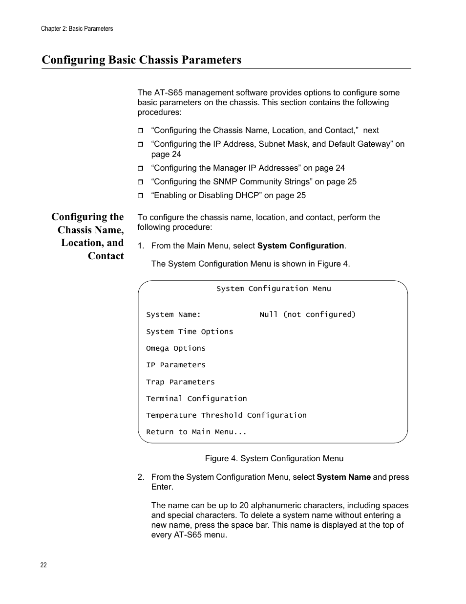 Configuring basic chassis parameters | Allied Telesis AT-S65 User Manual | Page 22 / 98