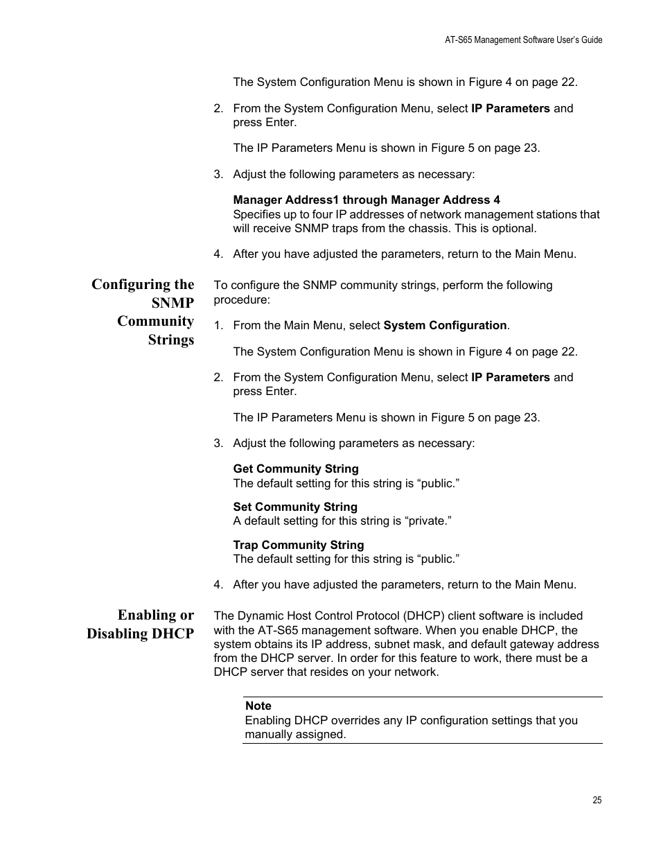 Configuring the snmp community strings, Enabling or disabling dhcp | Allied Telesis AT-S65 User Manual | Page 25 / 98