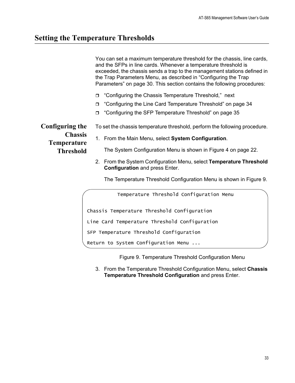 Setting the temperature thresholds, Configuring the chassis temperature threshold | Allied Telesis AT-S65 User Manual | Page 33 / 98