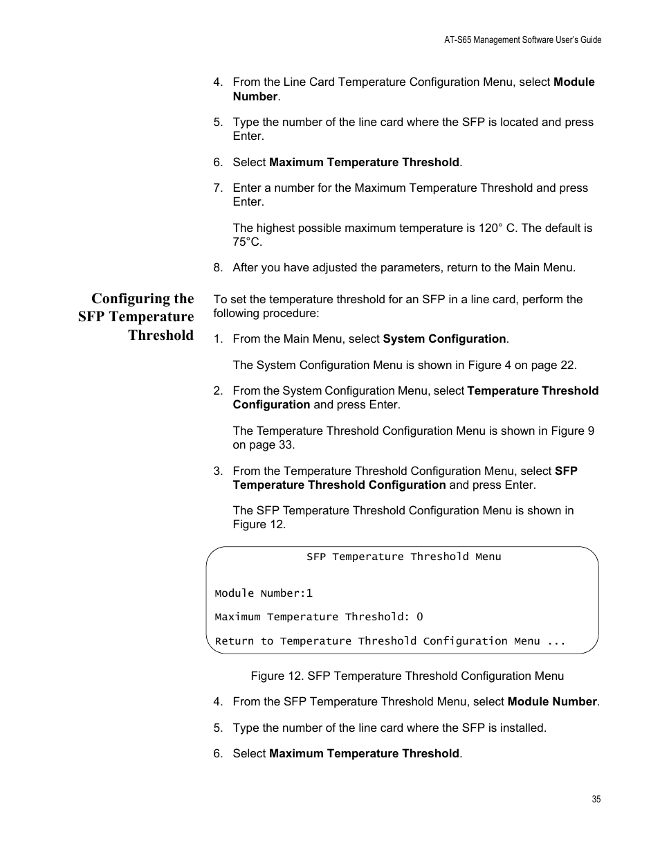 Configuring the sfp temperature threshold | Allied Telesis AT-S65 User Manual | Page 35 / 98