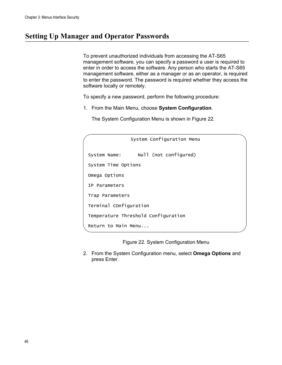 Setting up manager and operator passwords | Allied Telesis AT-S65 User Manual | Page 46 / 98