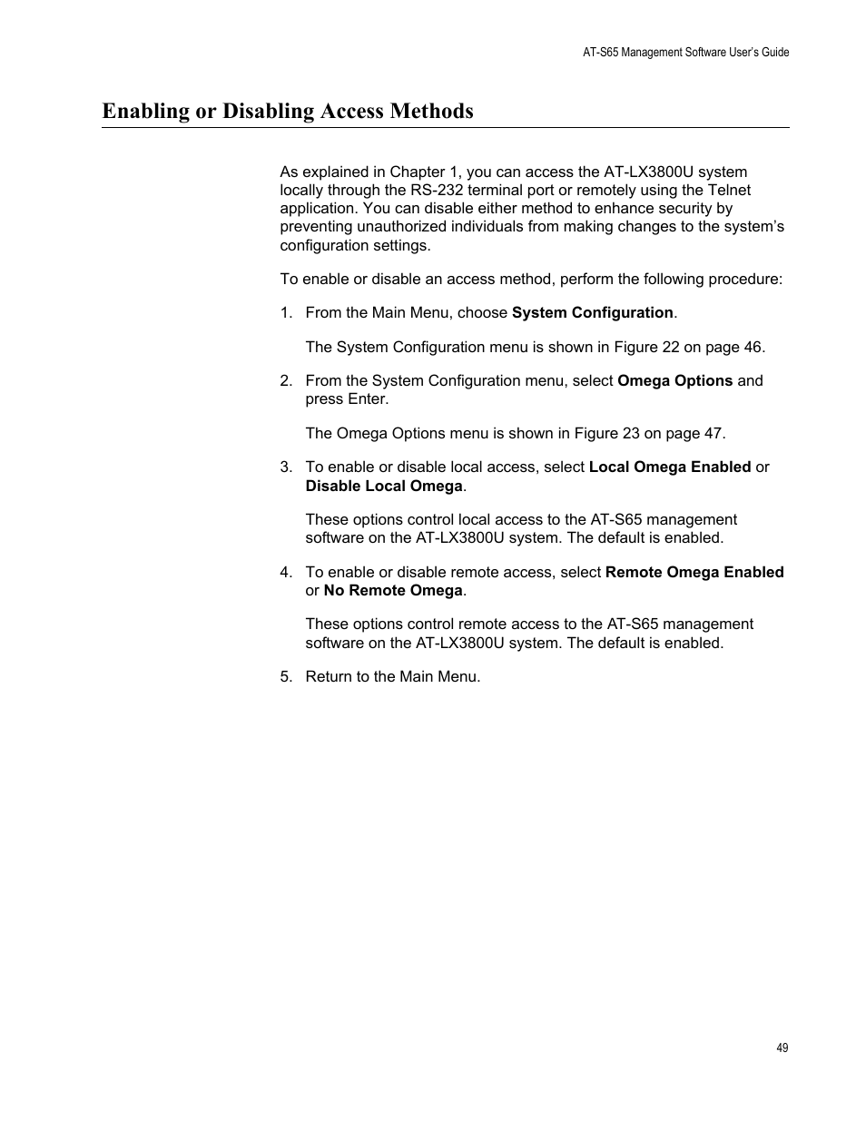 Enabling or disabling access methods | Allied Telesis AT-S65 User Manual | Page 49 / 98