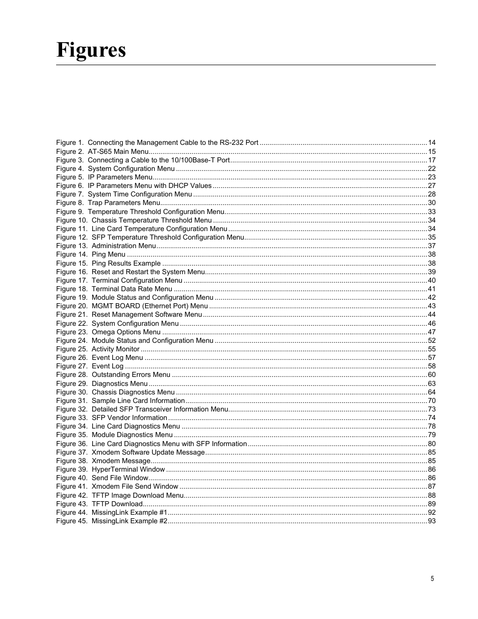Figure 2. at-s65 main menu 15, Figure 4. system configuration menu 22, Figure 5. ip parameters menu 23 | Figure 6. ip parameters menu with dhcp values 27, Figure 7. system time configuration menu 28, Figure 8. trap parameters menu 30, Figure 10. chassis temperature threshold menu 34, Figure 13. administration menu 37, Figure 14. ping menu 38, Figure 15. ping results example 38 | Allied Telesis AT-S65 User Manual | Page 5 / 98