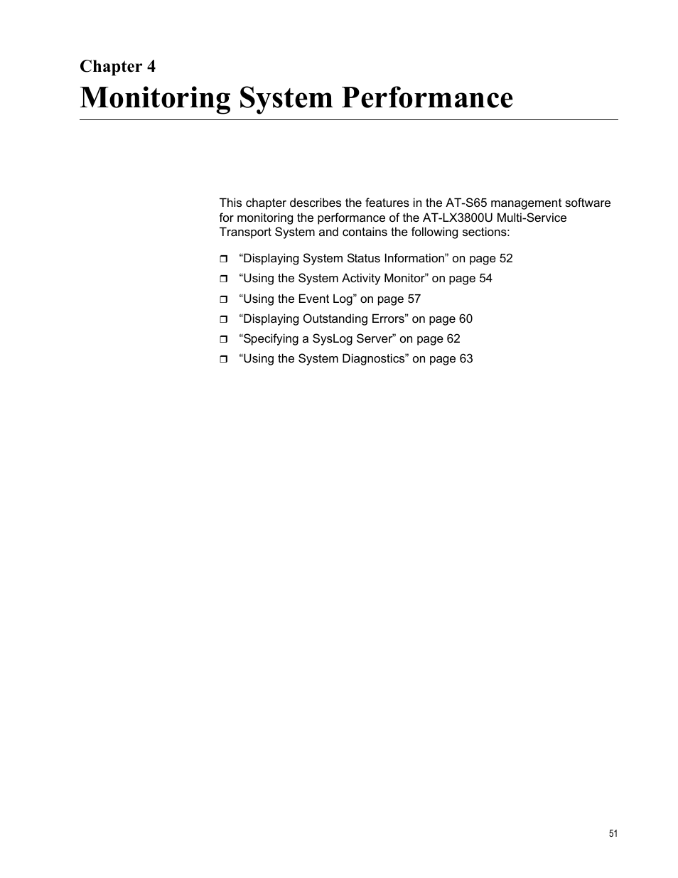 Chapter 4, Monitoring system performance | Allied Telesis AT-S65 User Manual | Page 51 / 98