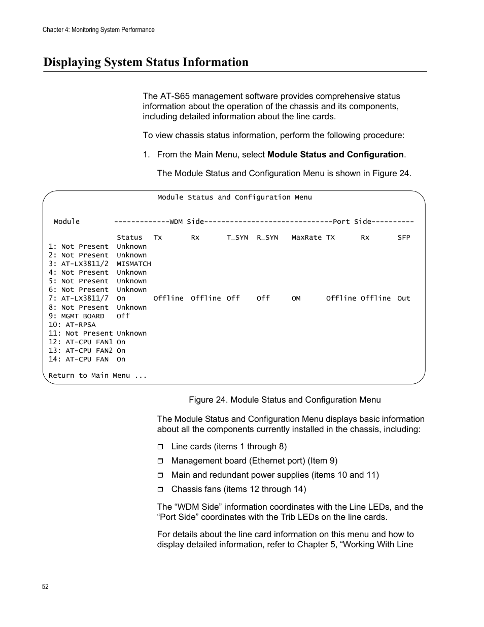 Displaying system status information | Allied Telesis AT-S65 User Manual | Page 52 / 98