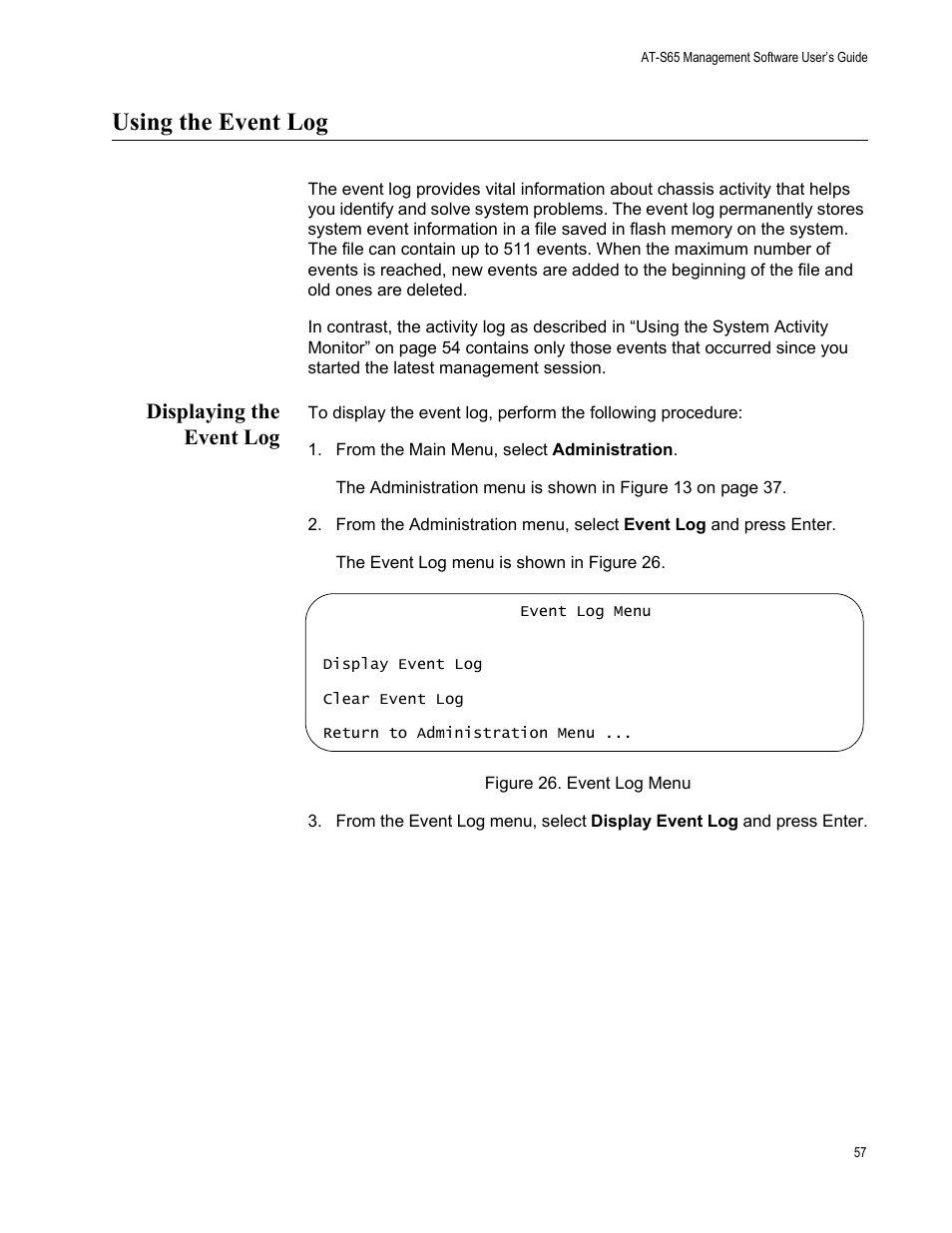 Using the event log, Displaying the event log | Allied Telesis AT-S65 User Manual | Page 57 / 98