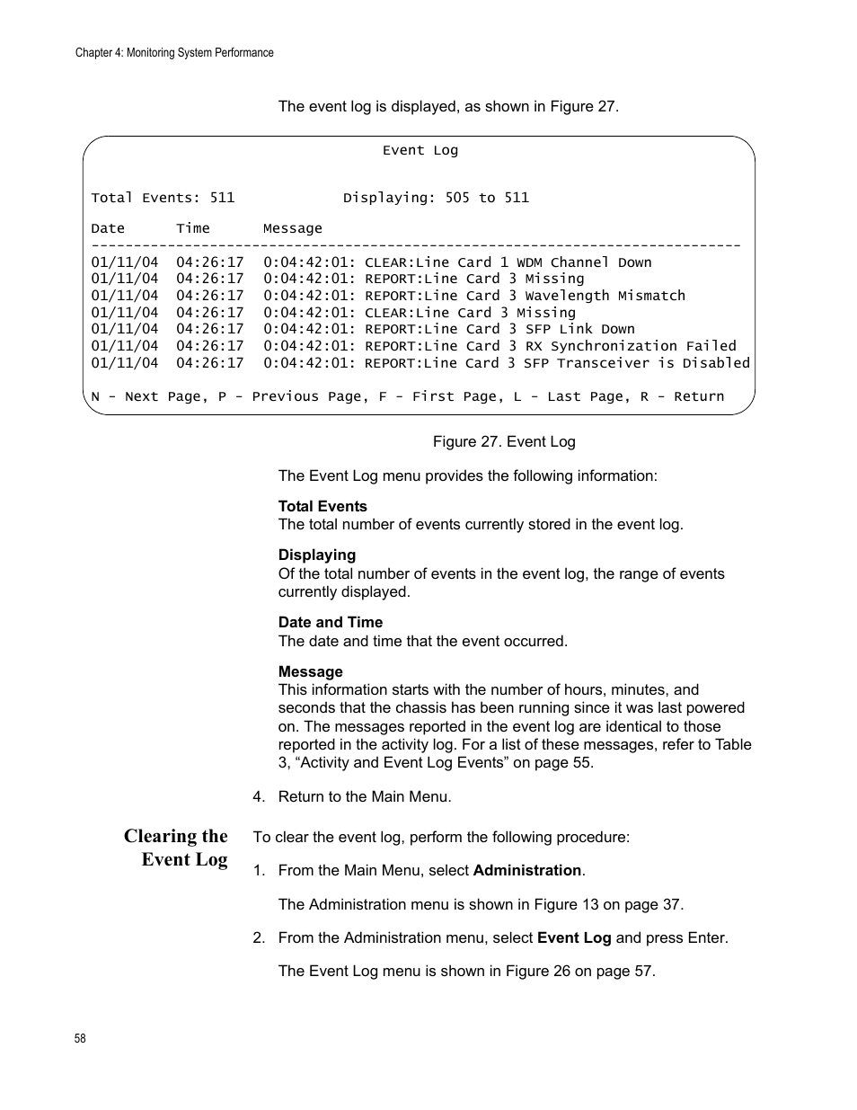 Clearing the event log | Allied Telesis AT-S65 User Manual | Page 58 / 98