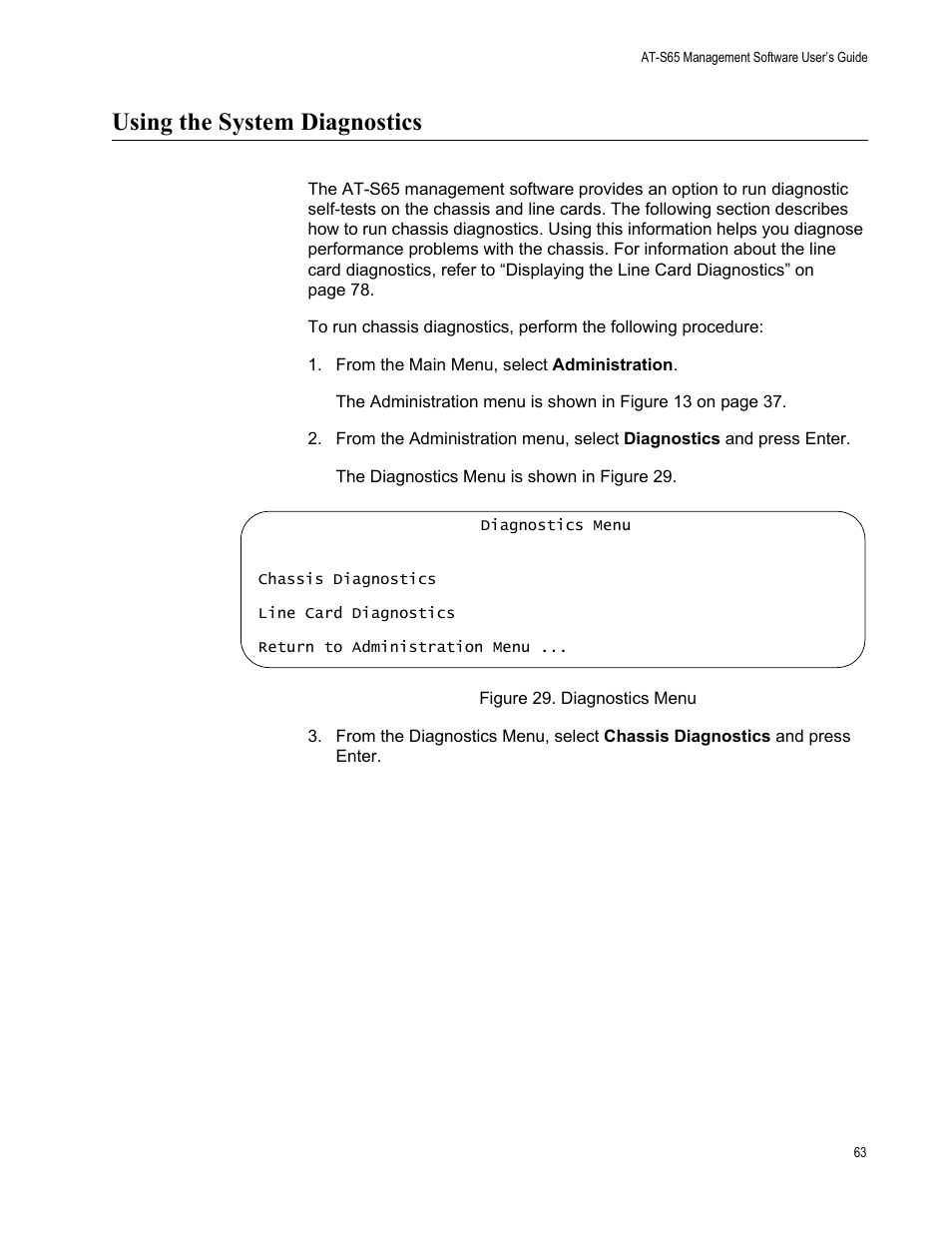 Using the system diagnostics | Allied Telesis AT-S65 User Manual | Page 63 / 98