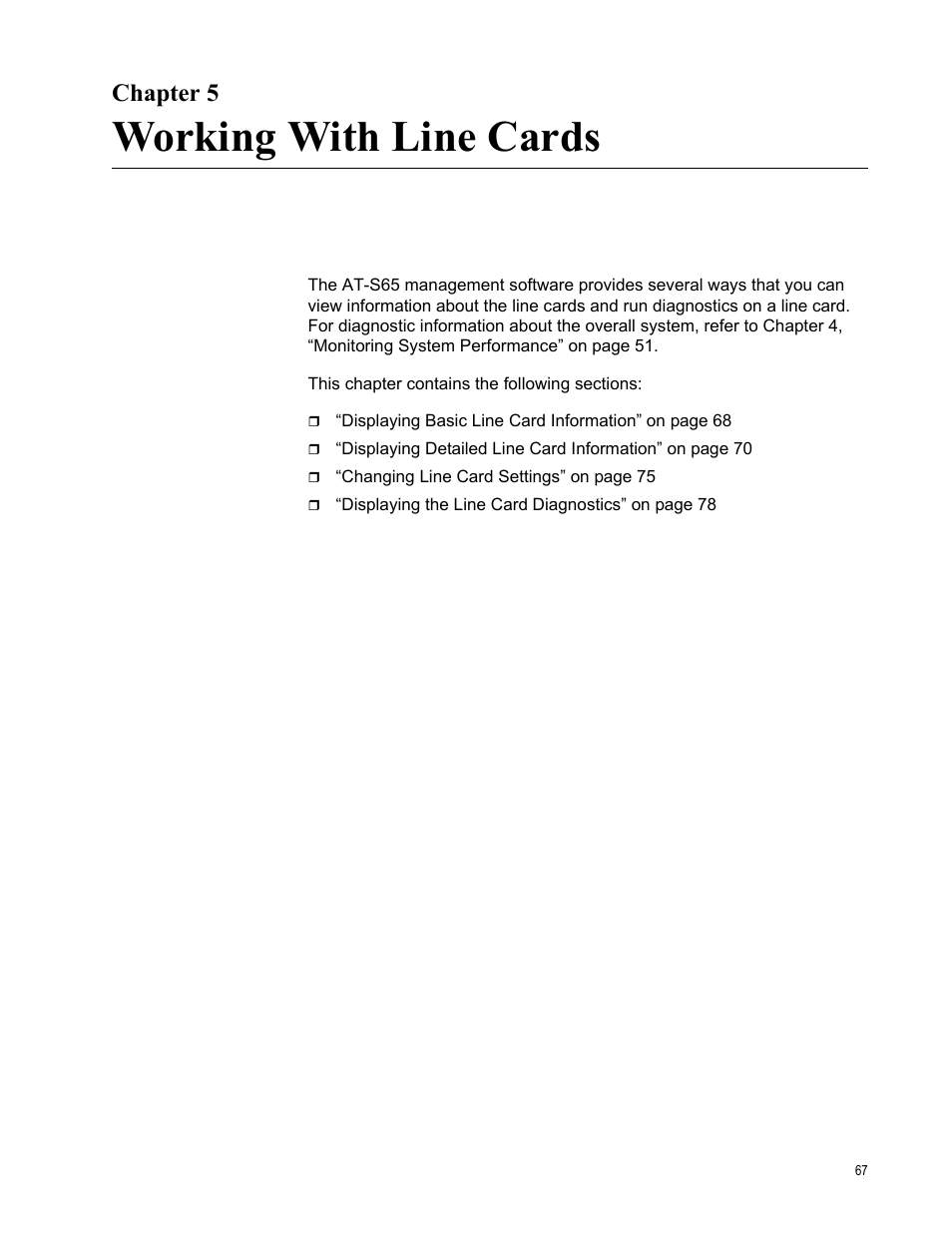 Chapter 5, Working with line cards | Allied Telesis AT-S65 User Manual | Page 67 / 98