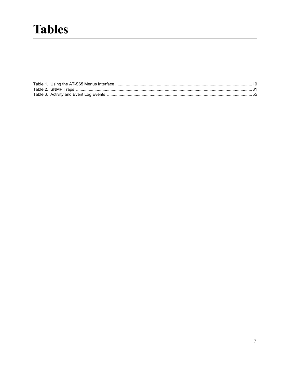 Table 1. using the at-s65 menus interface 19, Table 2. snmp traps 31, Table 3. activity and event log events 55 | Tables | Allied Telesis AT-S65 User Manual | Page 7 / 98