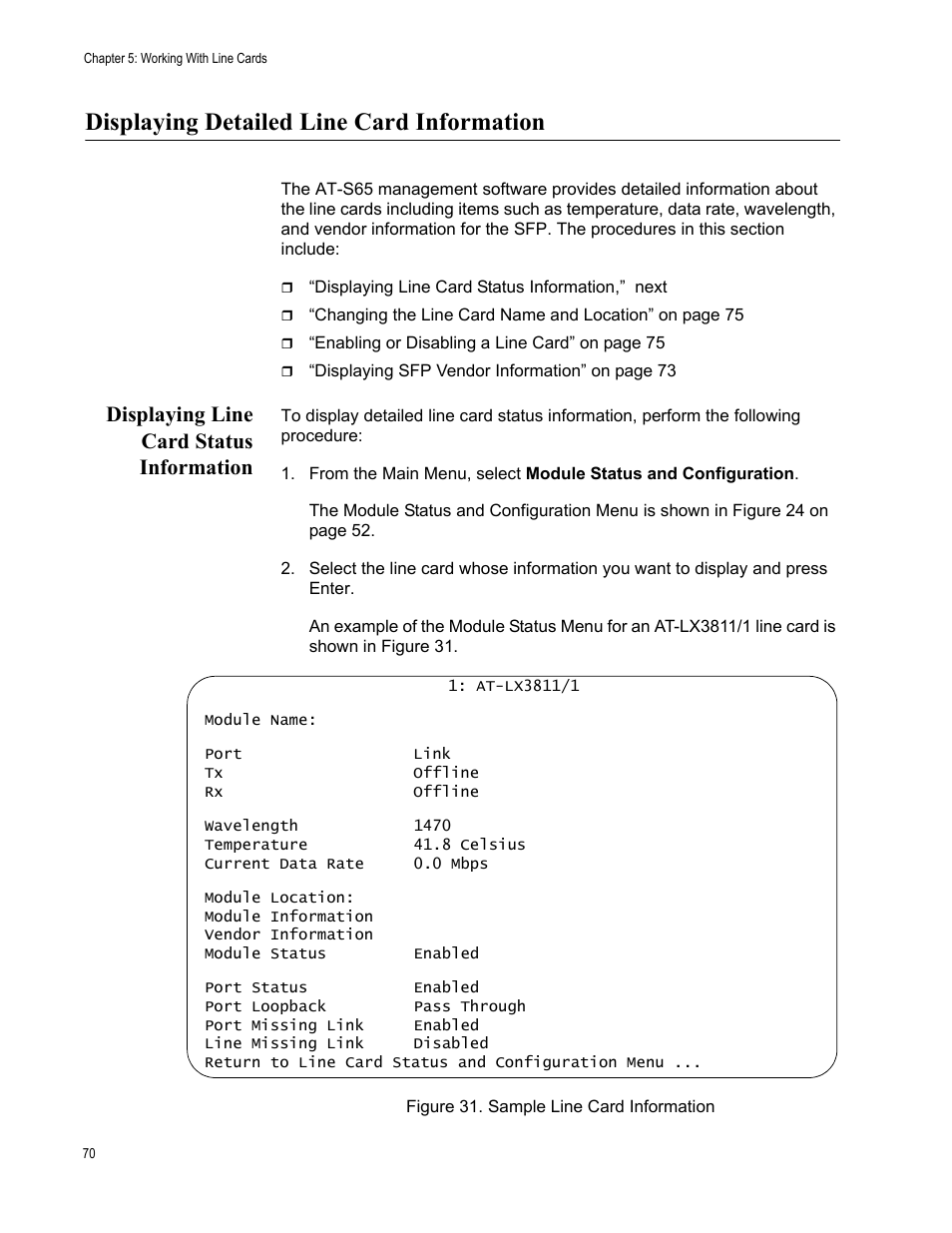 Displaying detailed line card information, Displaying line card status information | Allied Telesis AT-S65 User Manual | Page 70 / 98