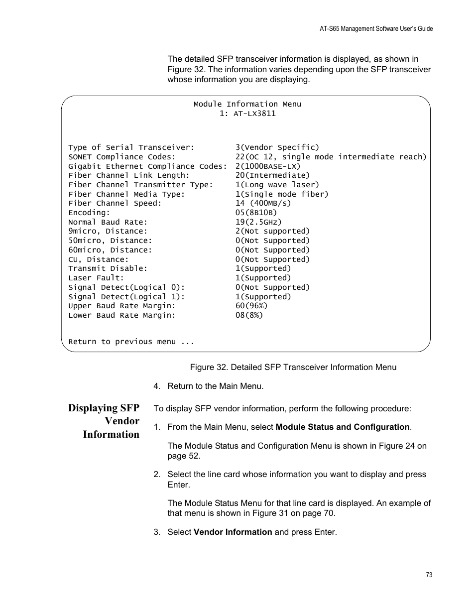 Displaying sfp vendor information | Allied Telesis AT-S65 User Manual | Page 73 / 98