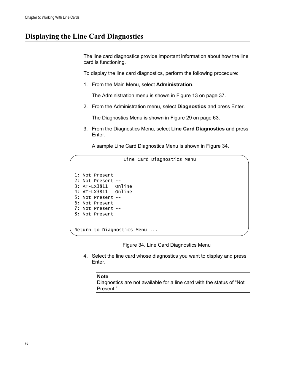 Displaying the line card diagnostics | Allied Telesis AT-S65 User Manual | Page 78 / 98