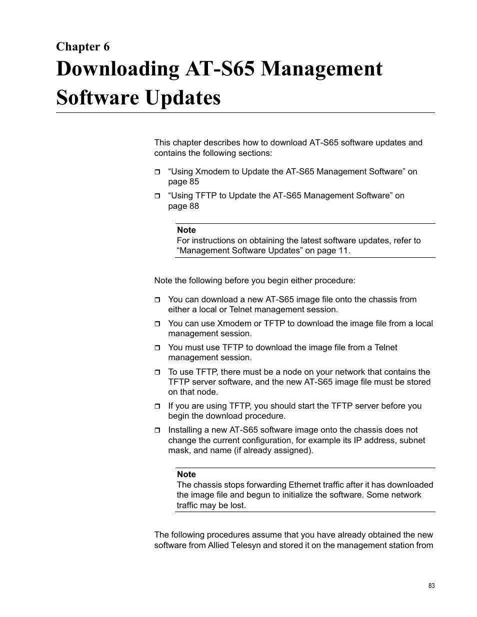 Chapter 6, Downloading at-s65 management software updates | Allied Telesis AT-S65 User Manual | Page 83 / 98