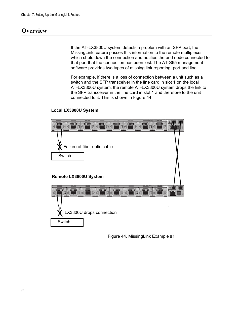Overview, Switch, Chapter 7: setting up the missinglink feature 92 | Class 1 laser product, Reset | Allied Telesis AT-S65 User Manual | Page 92 / 98